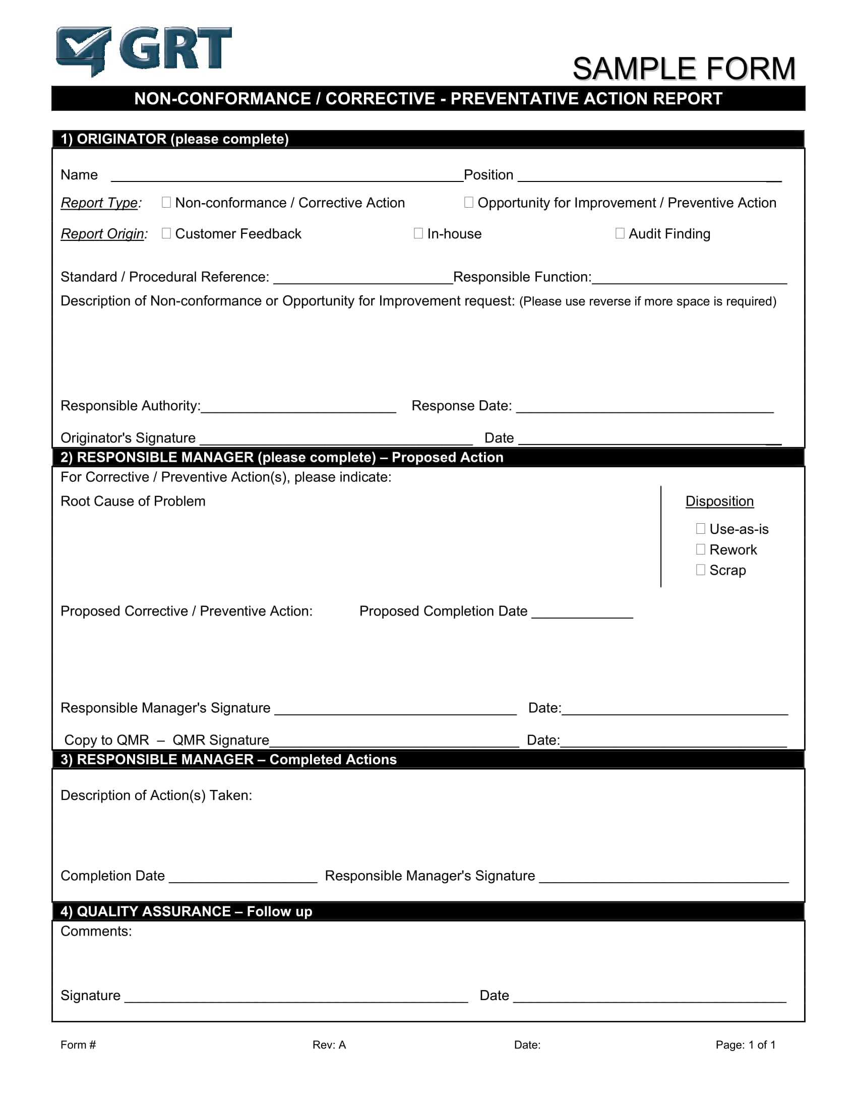 012 Corrective Action Form Template Manufacturing Non With Non Conformance Report Form Template