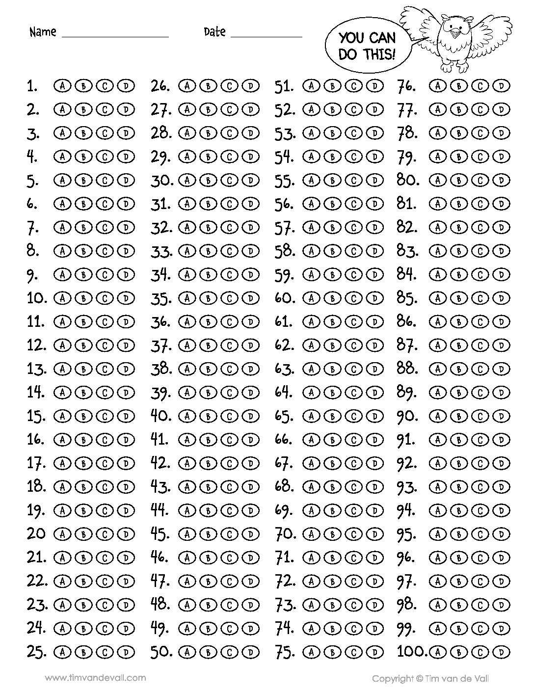 100 Question Answer Sheet – Tim's Printables With Blank Answer Sheet Template 1 100