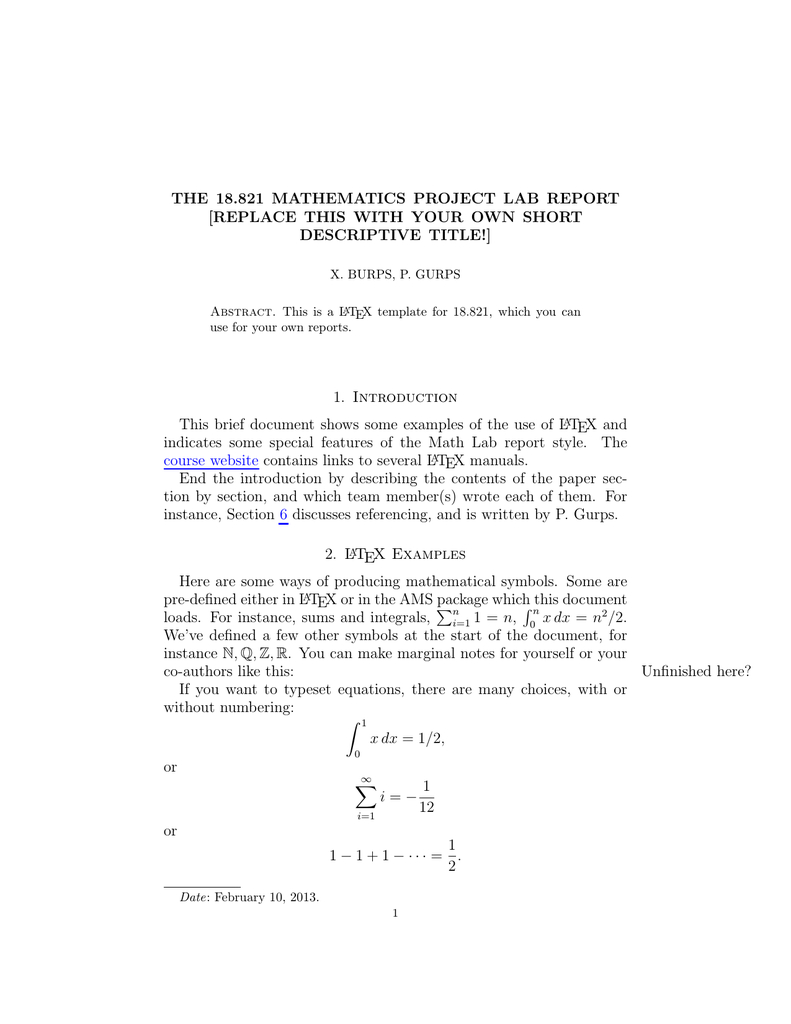 18.821 Mathematics Project Lab Report The [Replace Intended For Project Report Latex Template