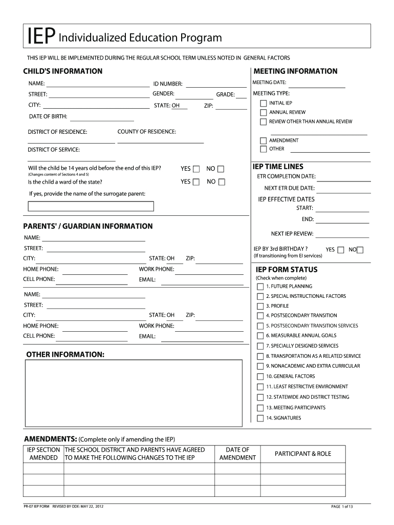 2012 2020 Form Oh Pr 07 Iep Fill Online, Printable, Fillable Within Blank Iep Template