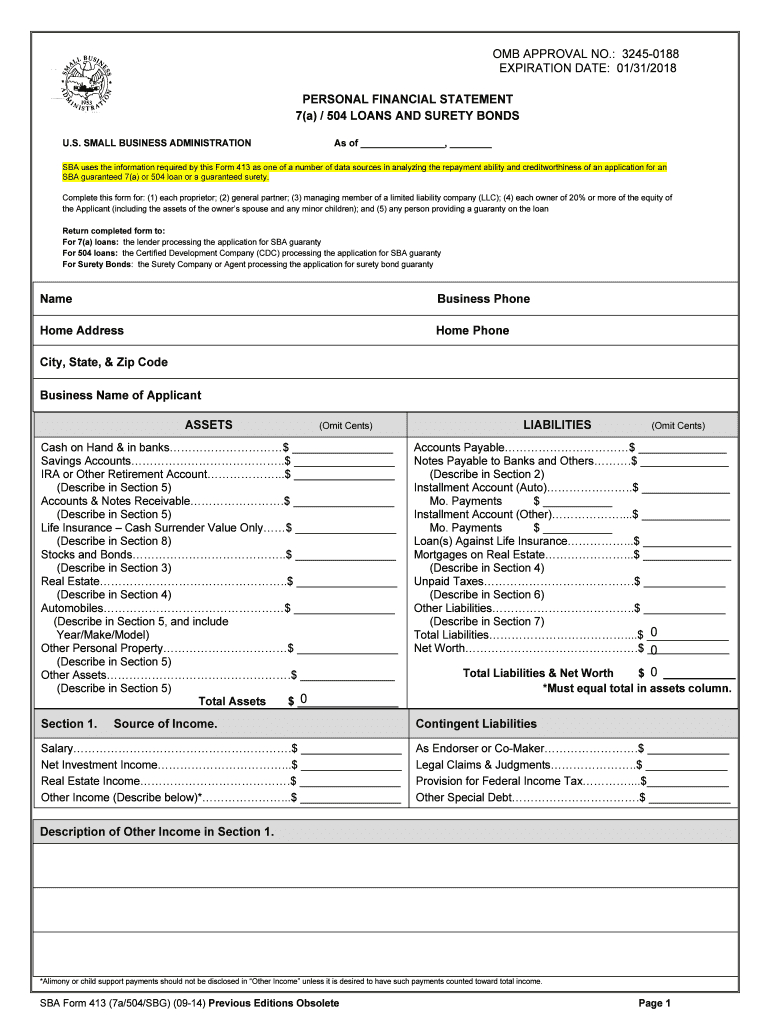 2014 2020 Form Sba 413 Fill Online, Printable, Fillable With Regard To Blank Personal Financial Statement Template