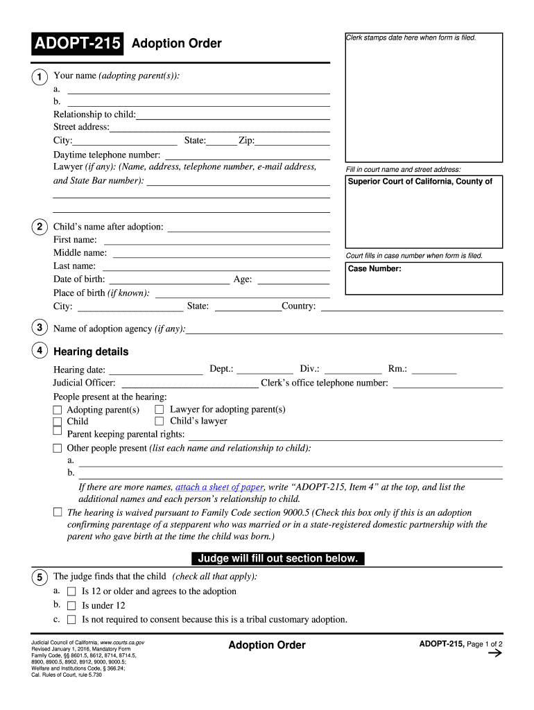2016 2020 Form Ca Adopt 215 Fill Online, Printable, Fillable Within Blank Adoption Certificate Template