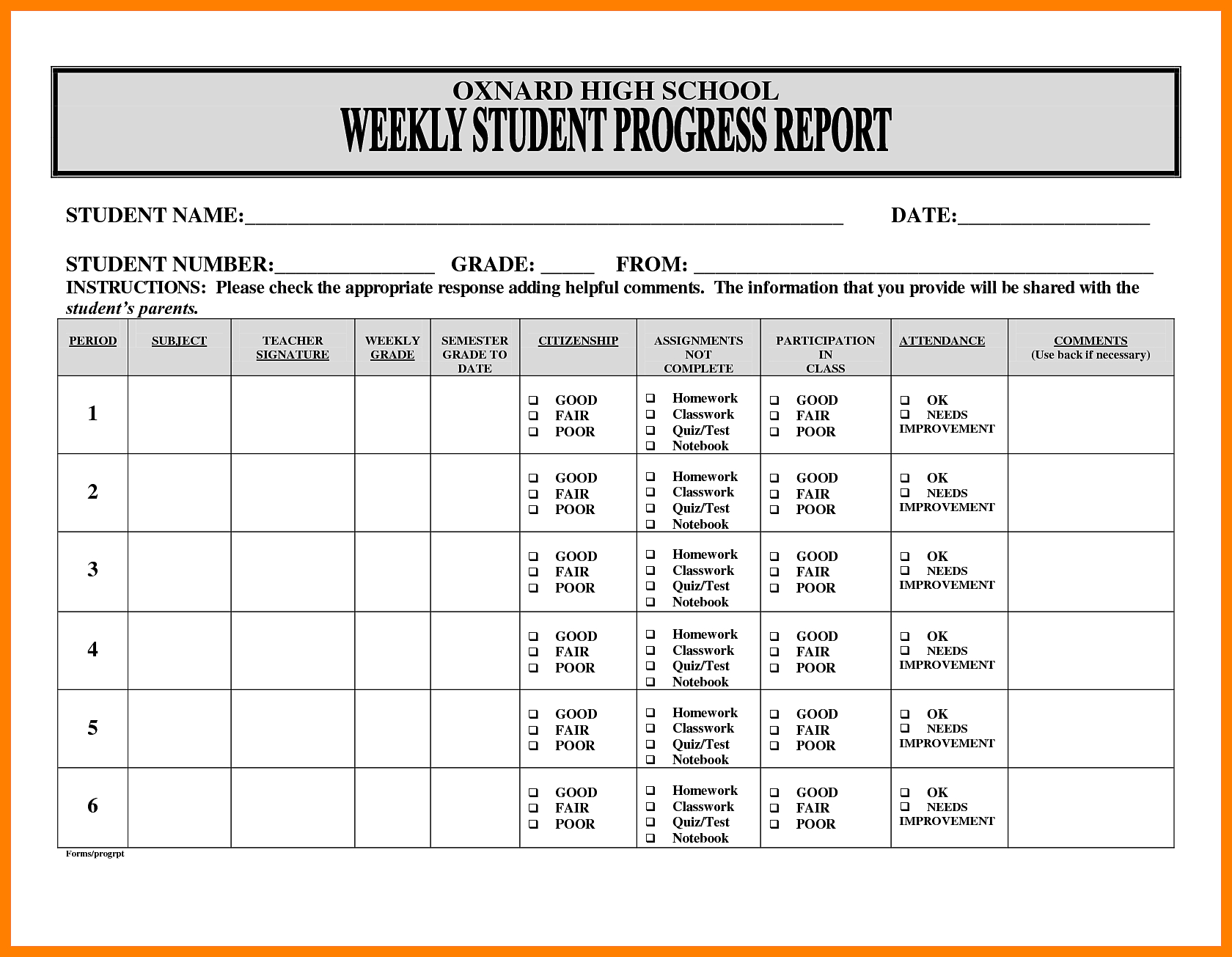5+ Free Student Weekly Progress Report Template | Marlows For Weekly Test Report Template