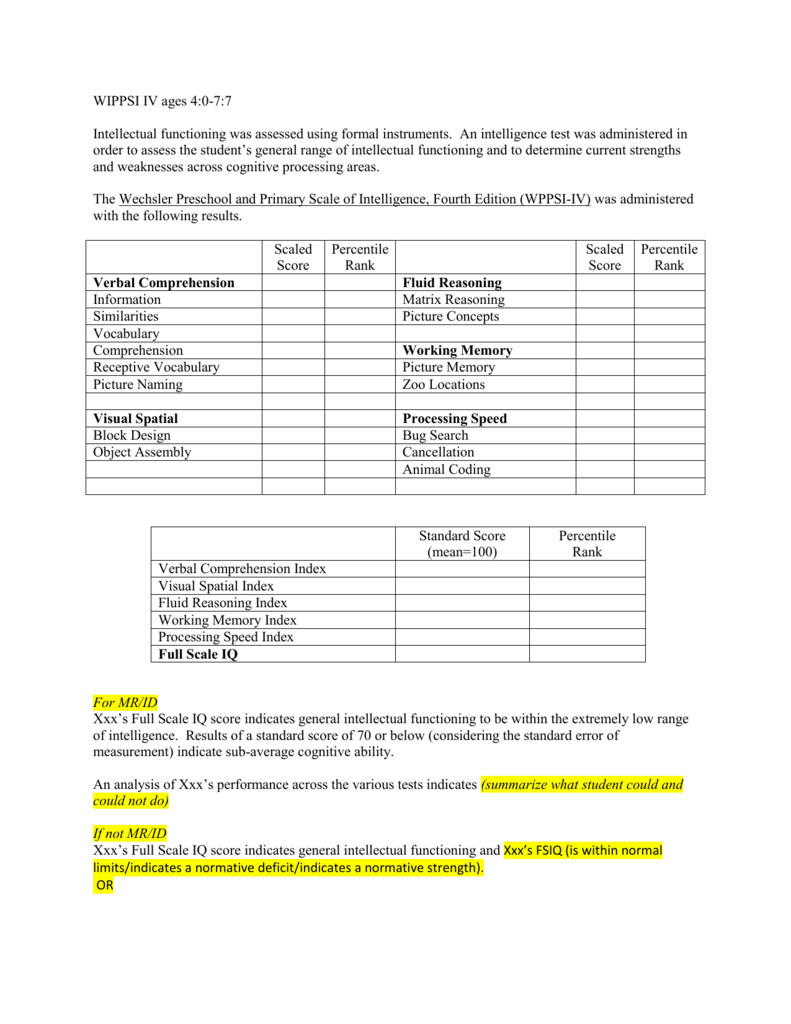 8 Cognitive Template Wppsi Iv Ages 4 0 7 7 Intended For Wppsi Iv Report Template