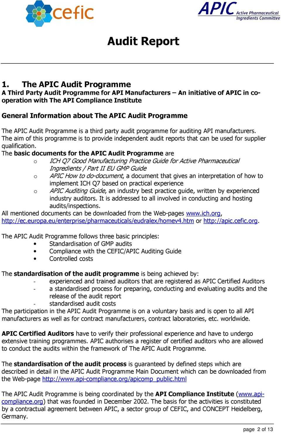 Audit Report In The Framework Of The Apic Audit Programme With Gmp Audit Report Template