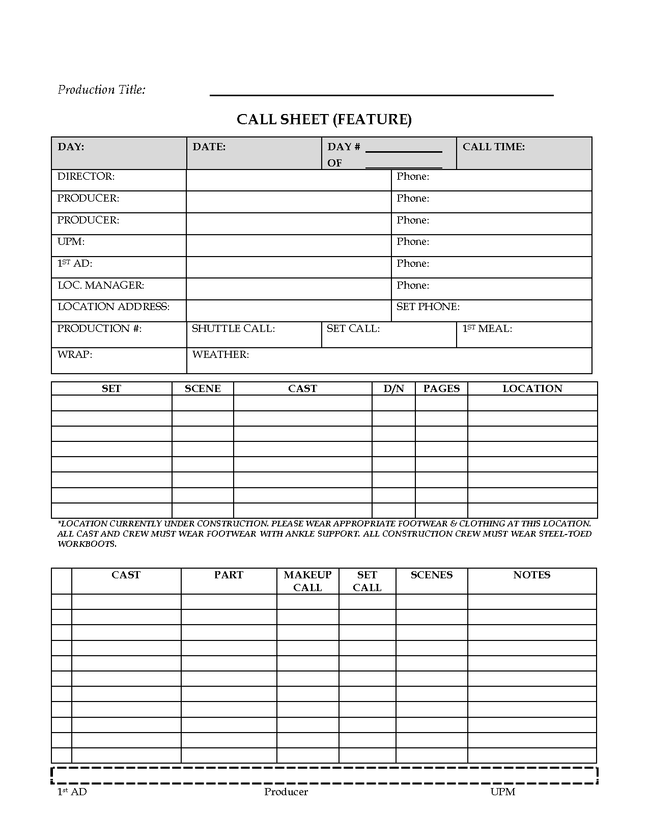 Awesome Call Sheet (Feature) Template Sample For Film Regarding Blank Call Sheet Template