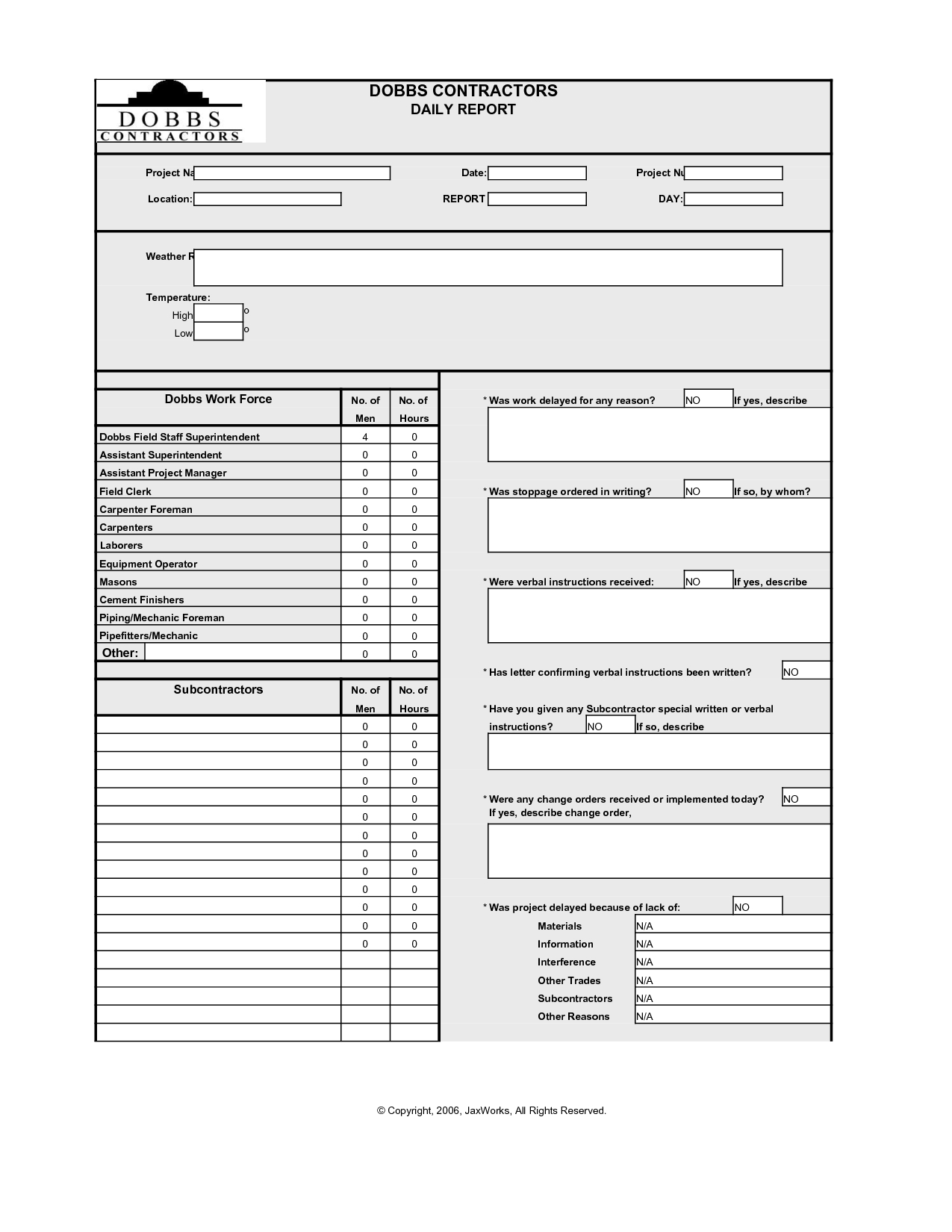 Basic Daily Report Template Sample For Contractor Project For Superintendent Daily Report Template