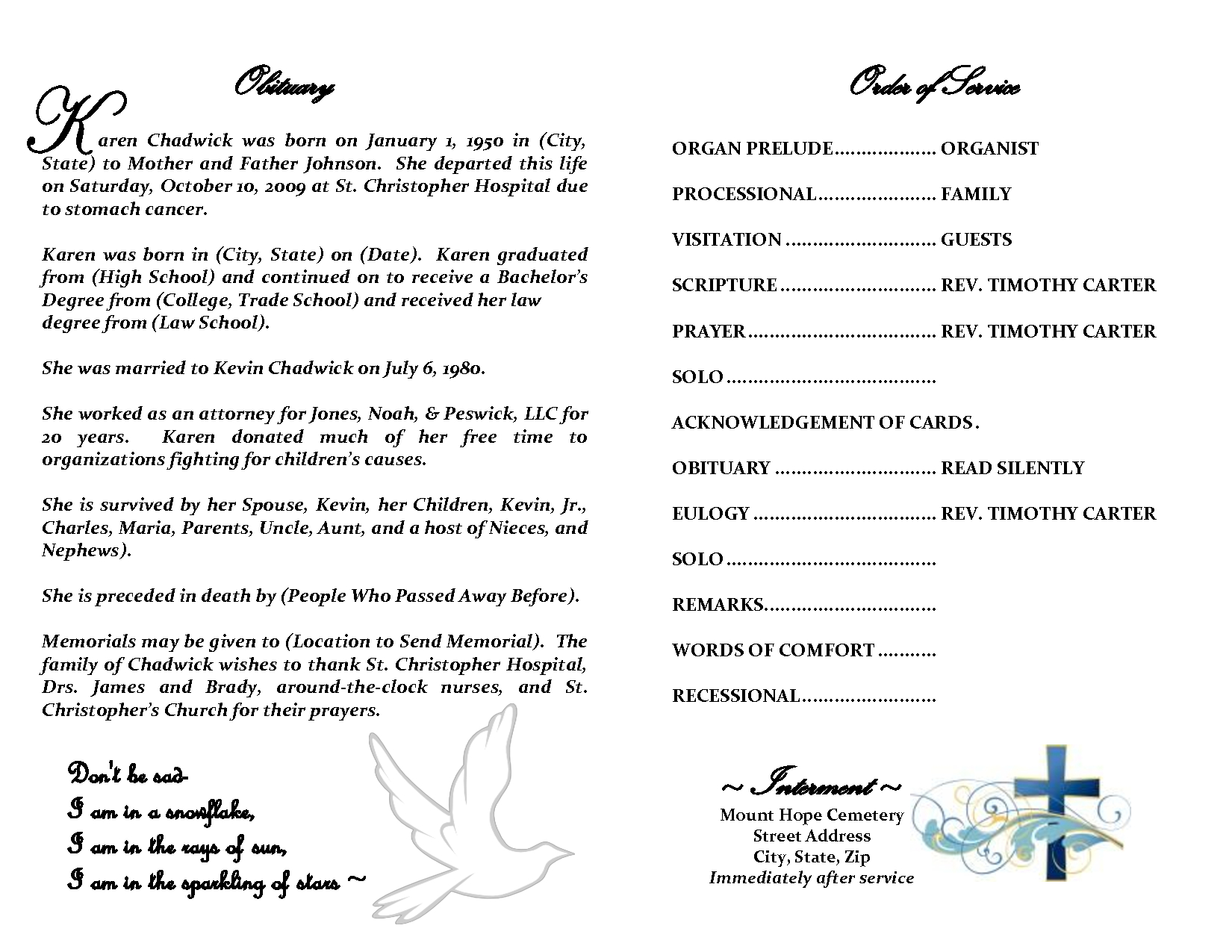 Best Photos Of Sample Obituary Funeral Program Templates For Obituary Template Word Document