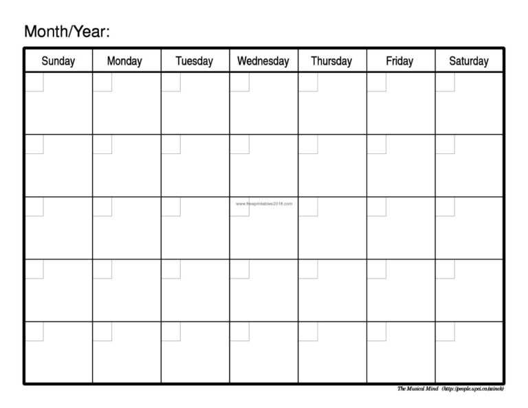 Blank One Month Calendar Template