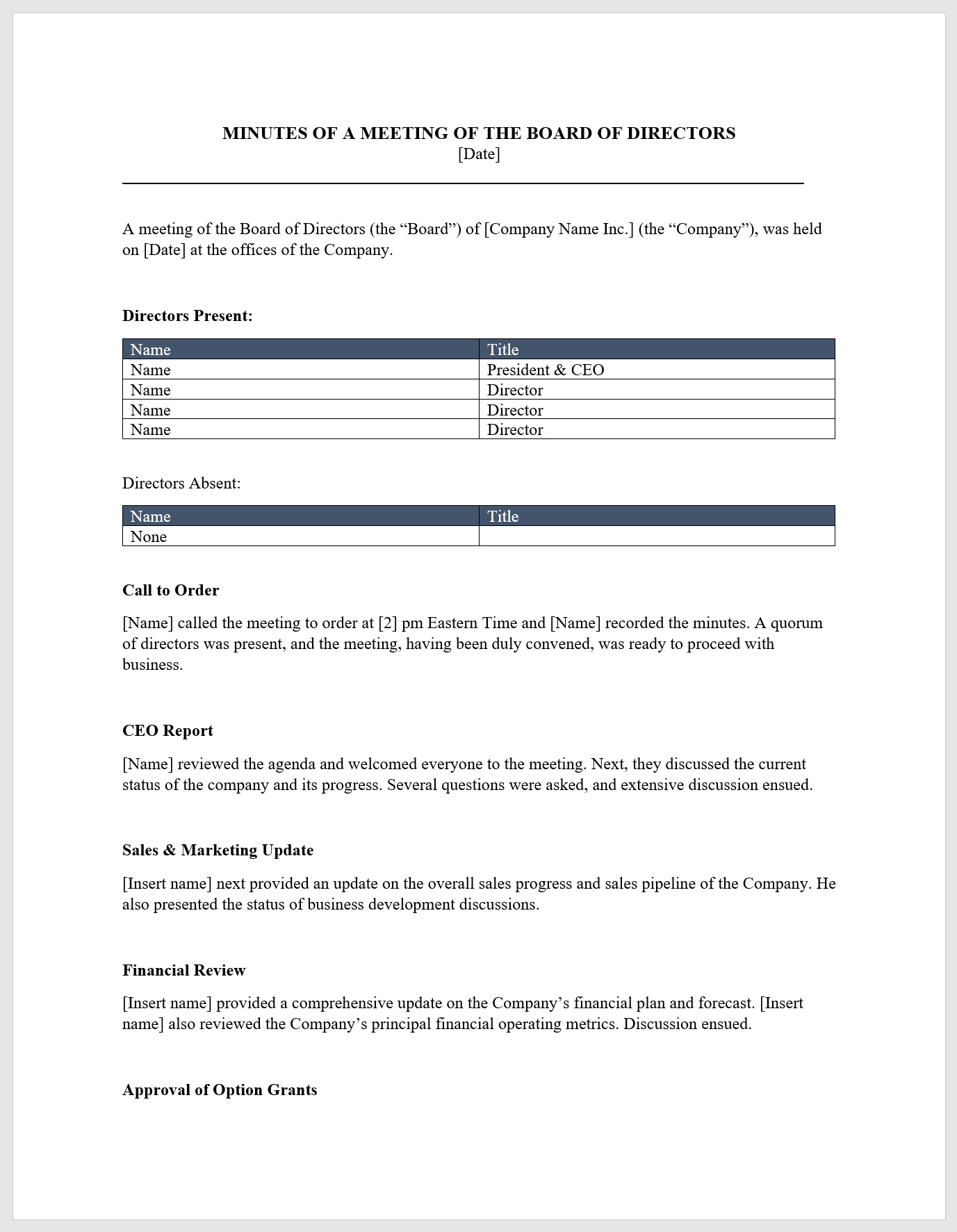 Board Meeting Minutes Template – Download From Cfi Marketplace For Ceo Report To Board Of Directors Template