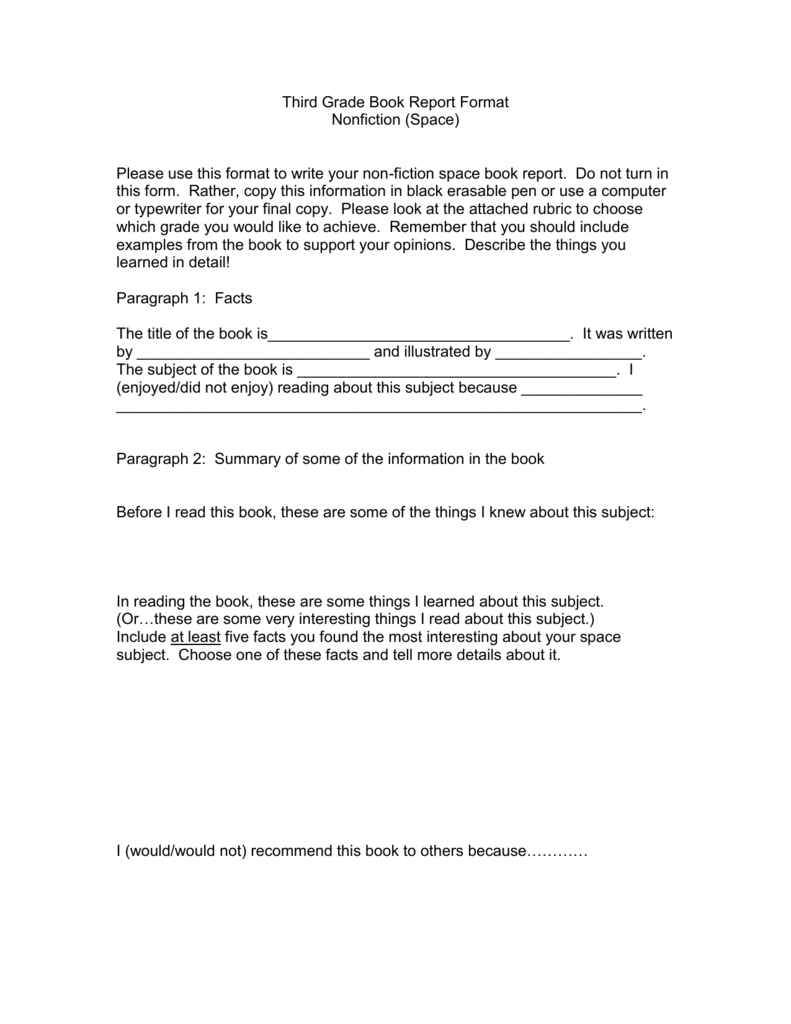 Book Report Examples 3Rd Grade 6Th 5Th Pdf College Sample With Book Report Template 3Rd Grade