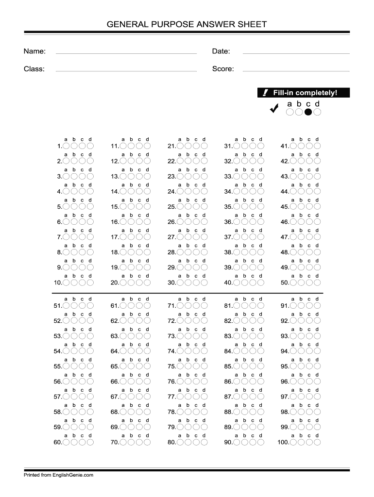 Bubble Answer Sheet 1 100 – Fill Online, Printable, Fillable With Regard To Blank Answer Sheet Template 1 100