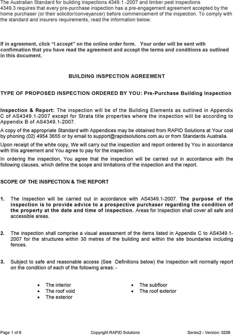 Building Inspection Agreement. Type Of Proposed Inspection With Regard To Pre Purchase Building Inspection Report Template