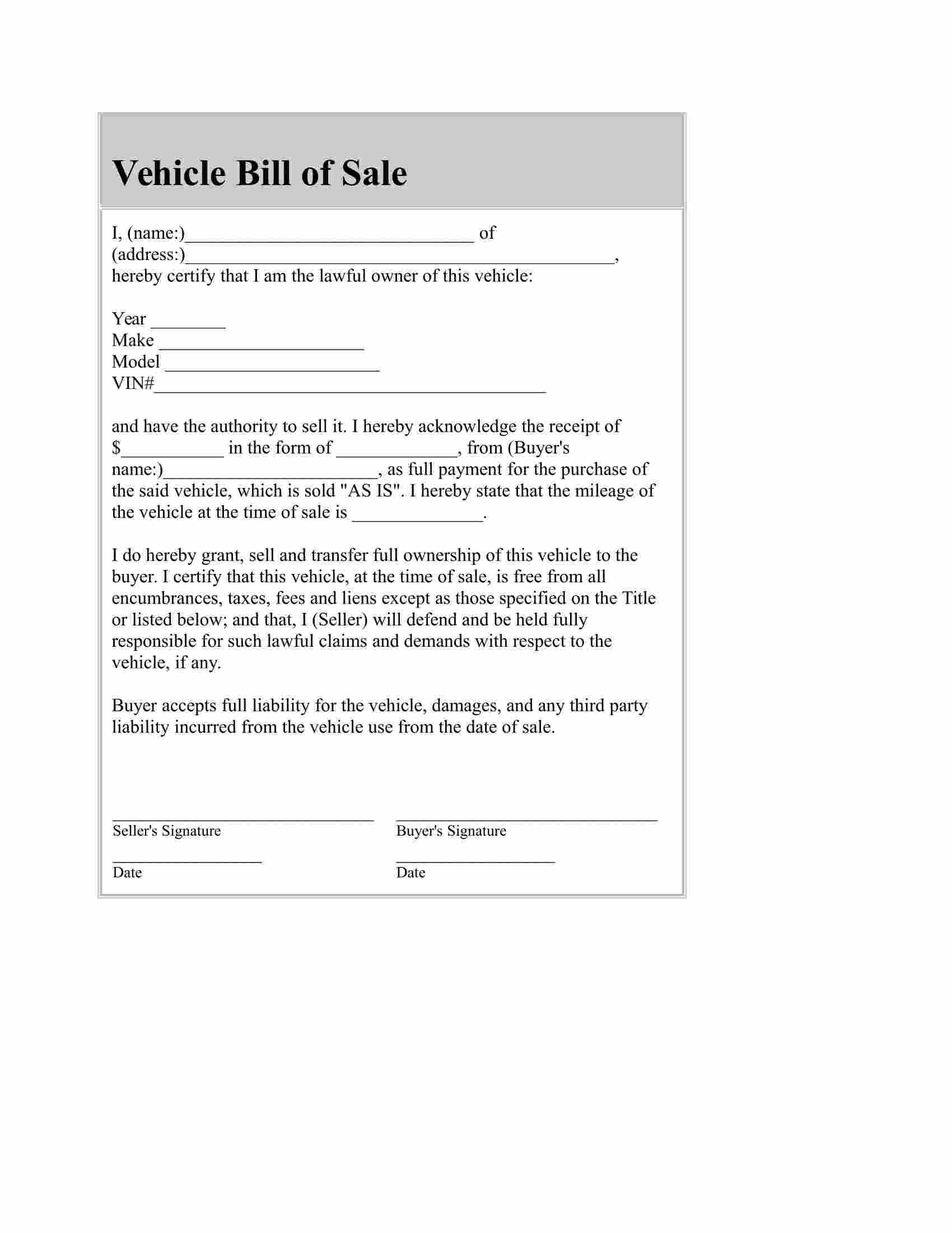Car Bill Of Sale Free Template Download In Pdf And Word Forms With Regard To Vehicle Bill Of Sale Template Word