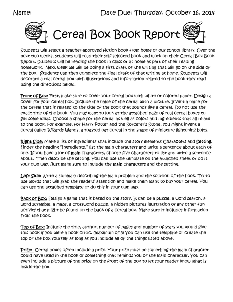 Cereal Box Book Report With Cereal Box Book Report Template