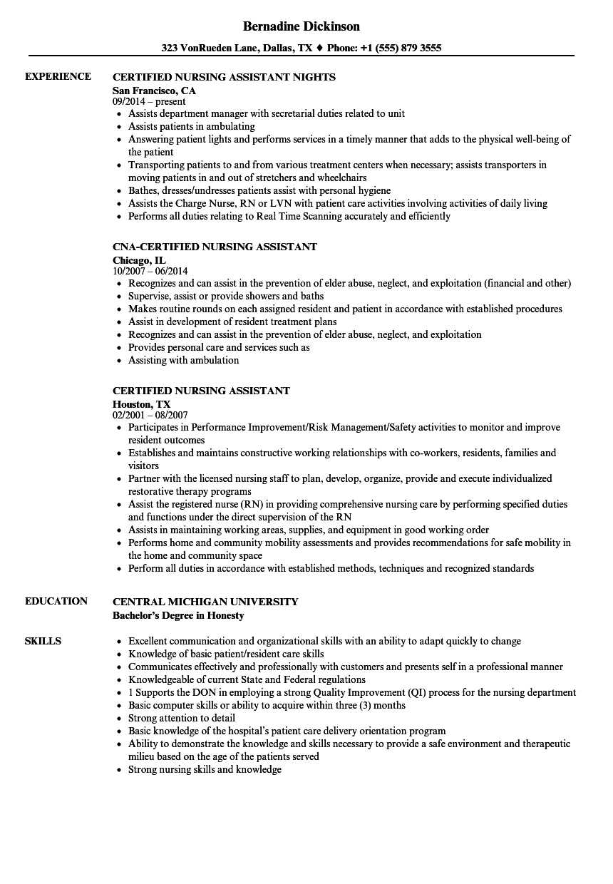 Certified Nursing Assistant Resume Samples | Velvet Jobs Pertaining To Nursing Assistant Report Sheet Templates