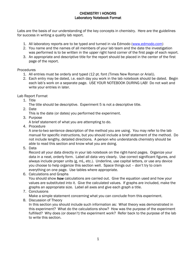 Chemistry I Honors Lab Report Format Pertaining To Lab Report Template Chemistry