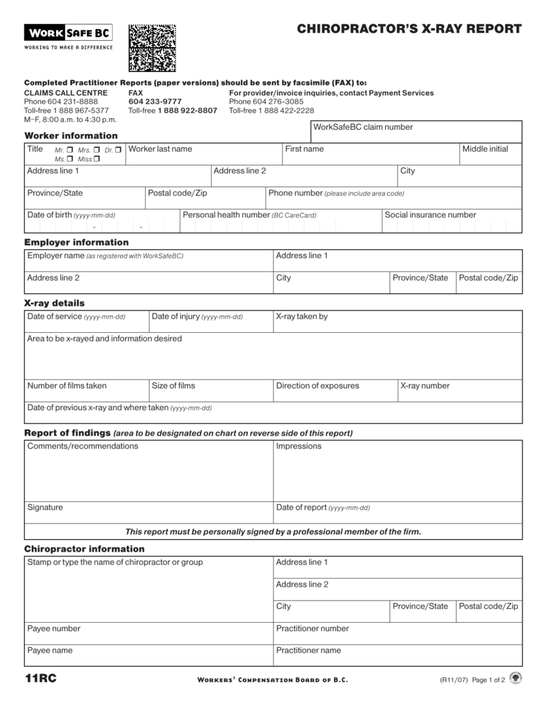 Chiropractor's X Ray Report (Form 11Rc) Intended For Chiropractic X Ray Report Template