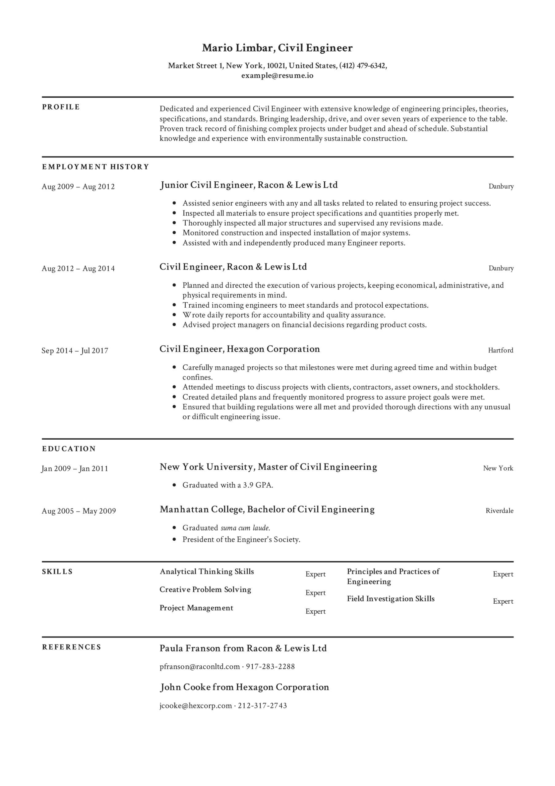 Civil Engineer Resume Templates 2020 (Free Download) · Resume.io In Country Report Template Middle School