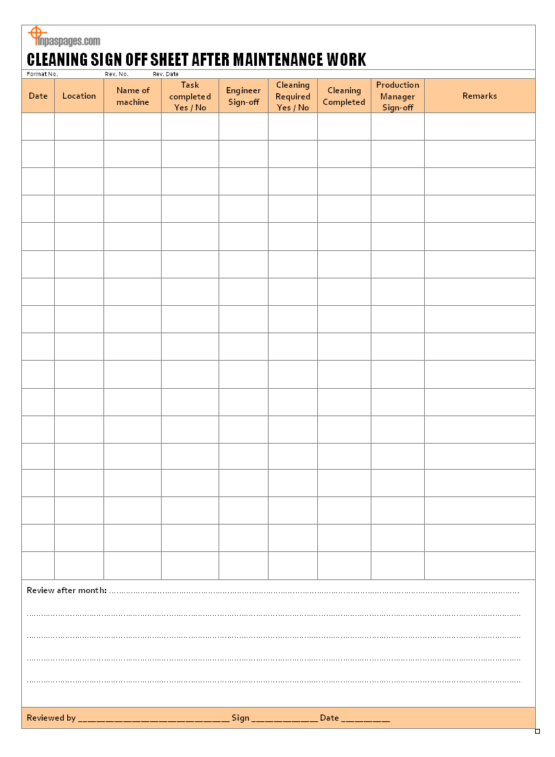 Cleaning Sign Off Sheet After Maintenance Work Format For Cleaning Report Template