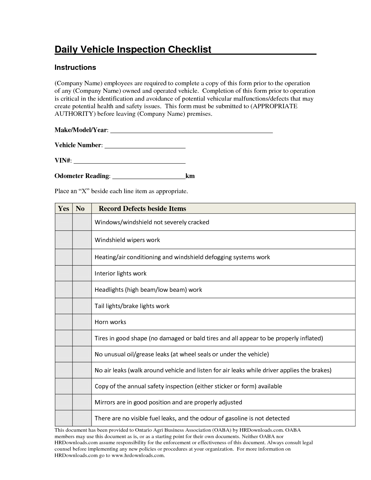 Company Vehicle Checklist Driver Safety Program Template With Regard To Vehicle Checklist Template Word