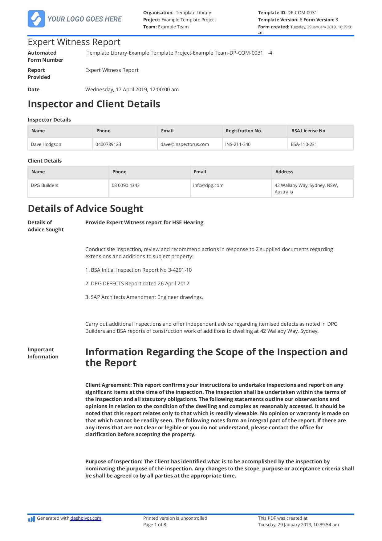 Construction Expert Witness Report Example And Editable Template Intended For Building Defect Report Template