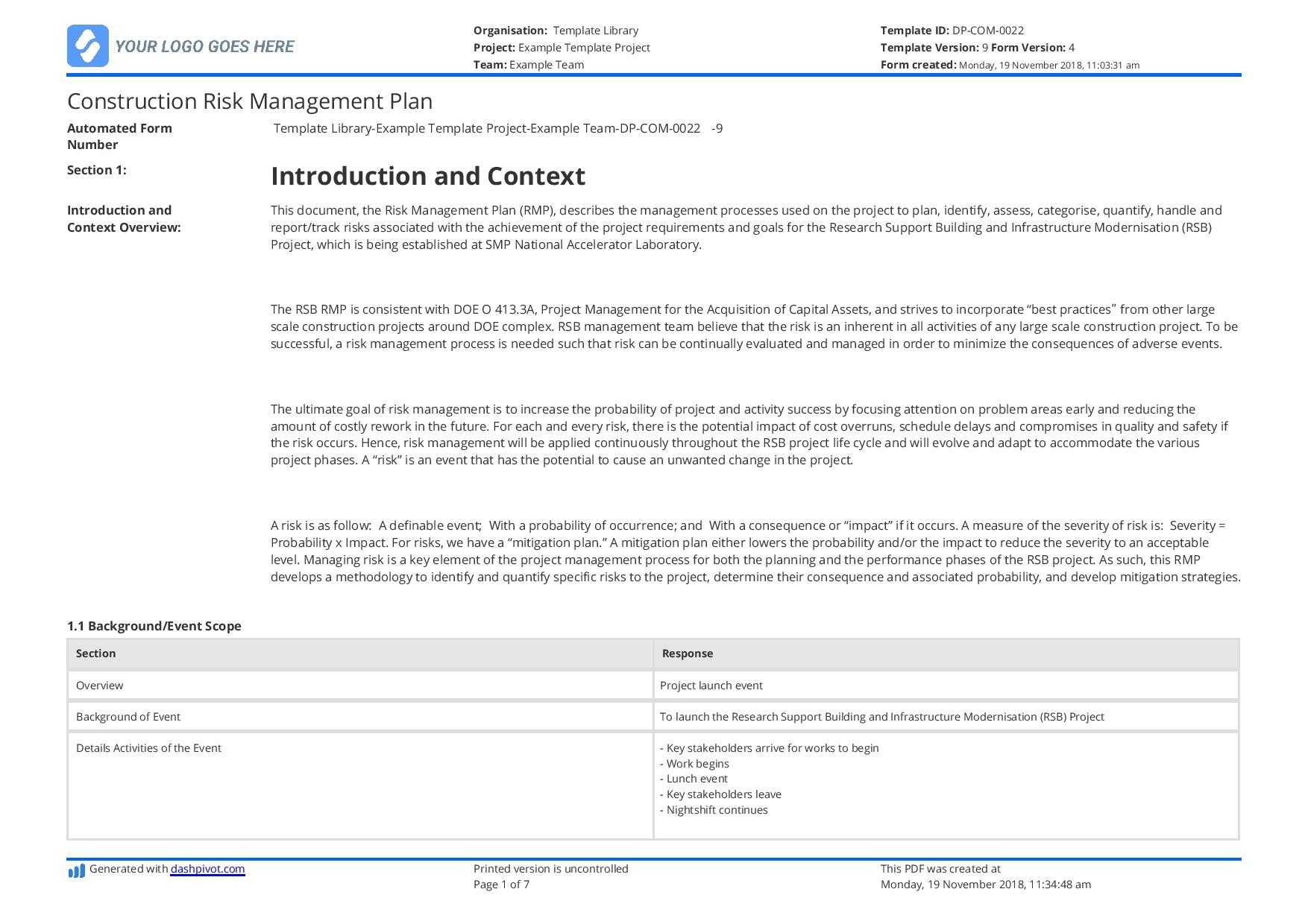 Construction Risk Ement Report Sample Project Plan Example In Risk Mitigation Report Template