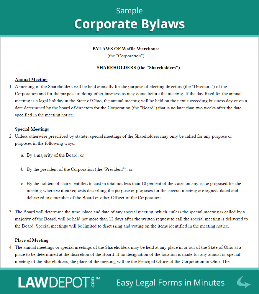 Corporate Bylaws Template (Us) | Lawdepot Intended For Corporate Bylaws Template Word