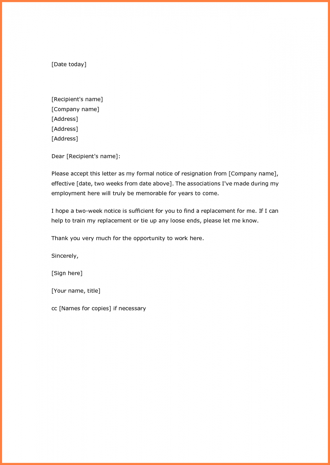 Costume Example Of Resignation Letter Two Weeks Notice 5 Intended For Two Week Notice Template Word