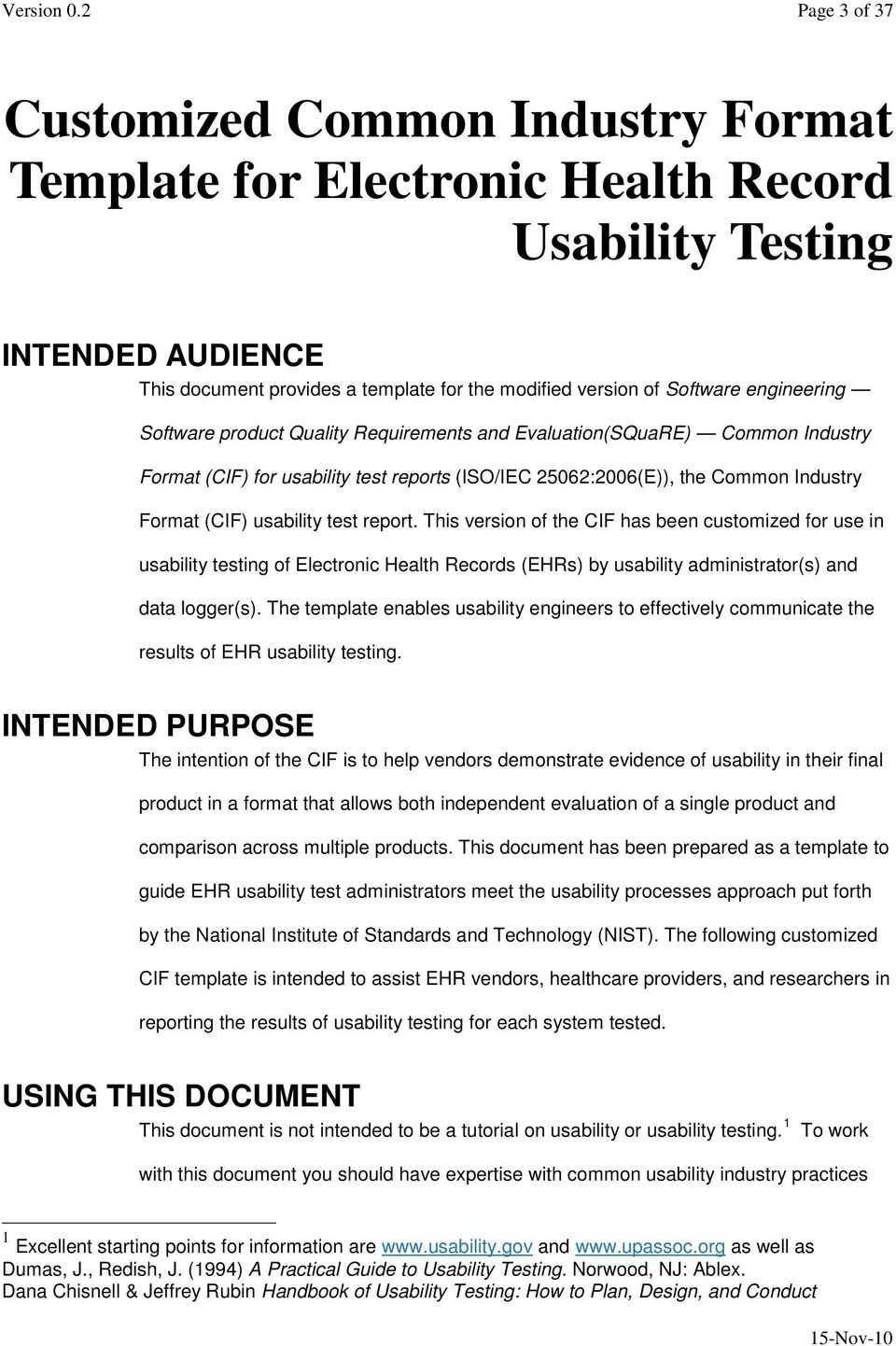 Customized Common Industry Format Template For Electronic With Regard To Usability Test Report Template