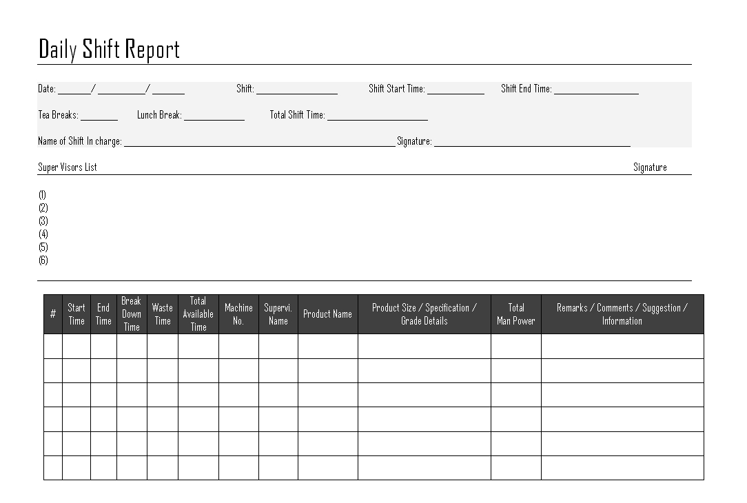 Daily Shift Report – In Daily Report Sheet Template
