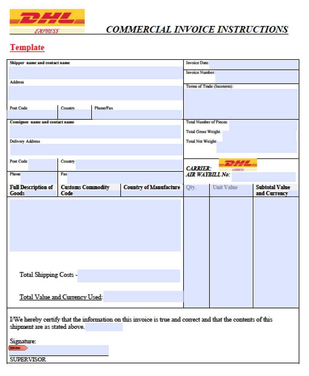 Dhl Invoice Template | Invoice Example Throughout Commercial Invoice Template Word Doc