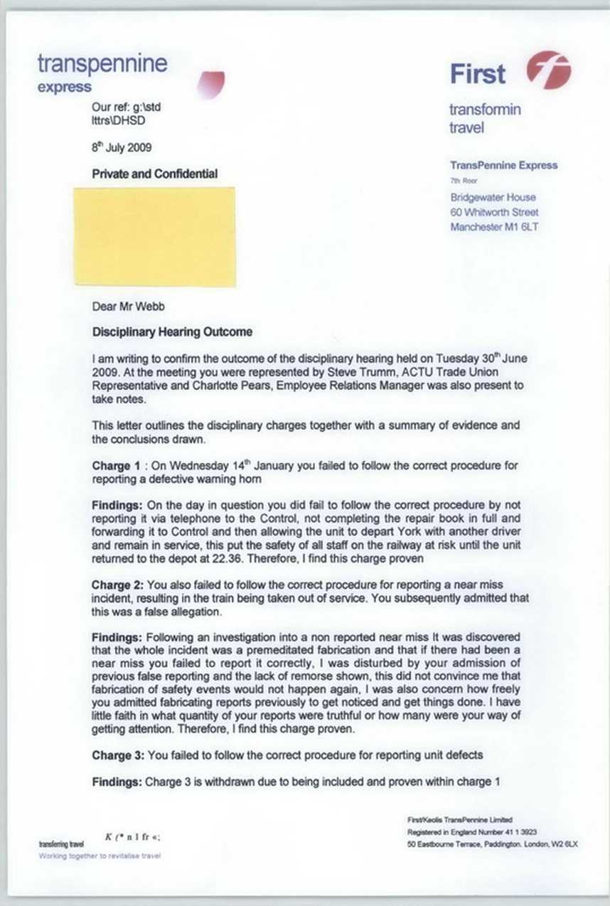 Disciplinary Hearing Outcome Letter - Transpennine Express Regarding Investigation Report Template Disciplinary Hearing