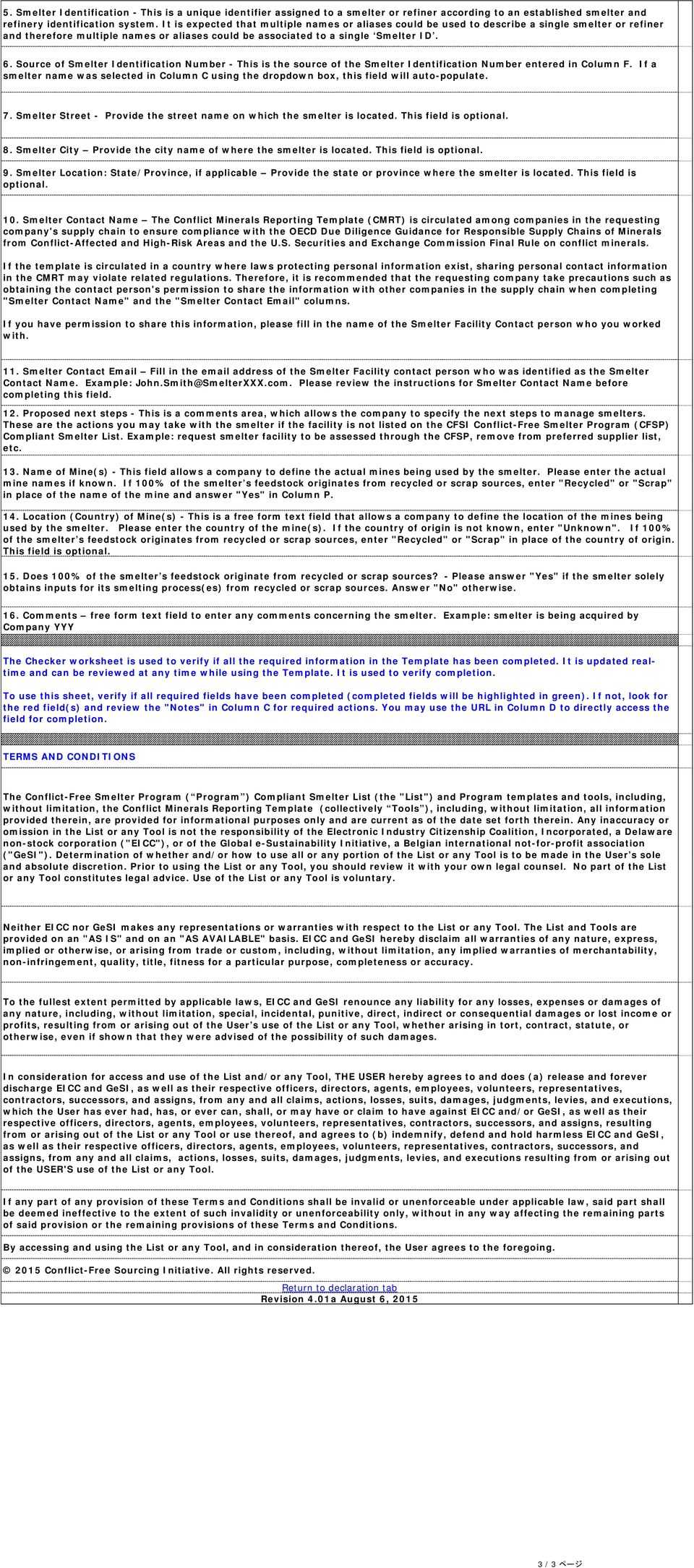 Document Title Conflict Minerals Reporting Template Sheet. 1 For Eicc Conflict Minerals Reporting Template