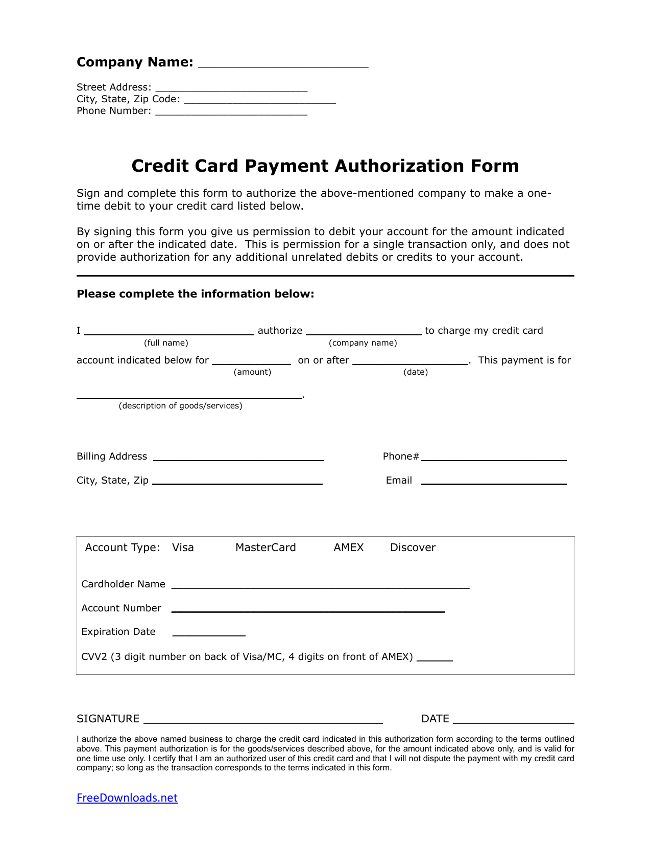 Download One (1) Time Credit Card Authorization Payment Form For Credit Card Authorization Form Template Word
