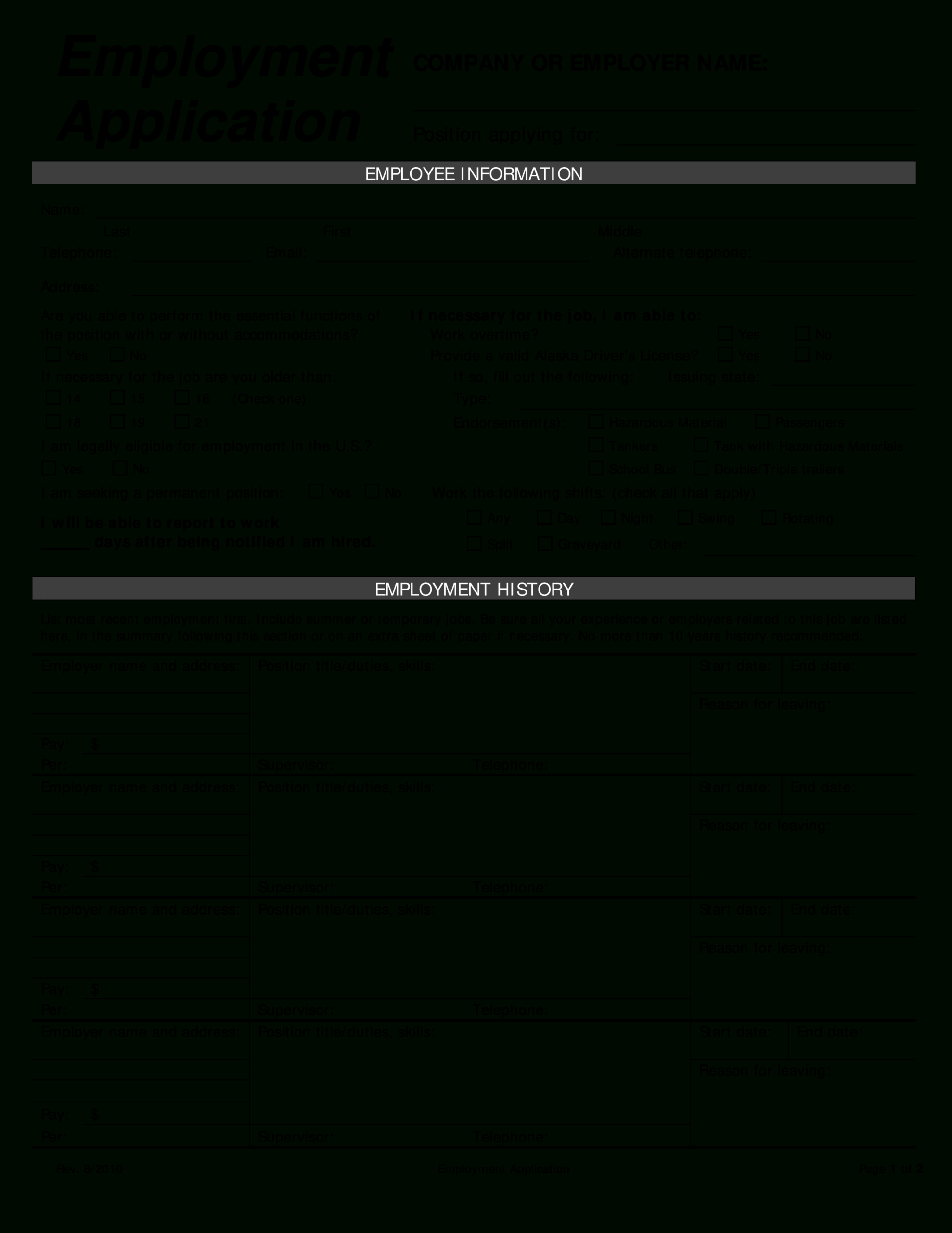 Downloadable Employment Application Template With Regard To Employment Application Template Microsoft Word