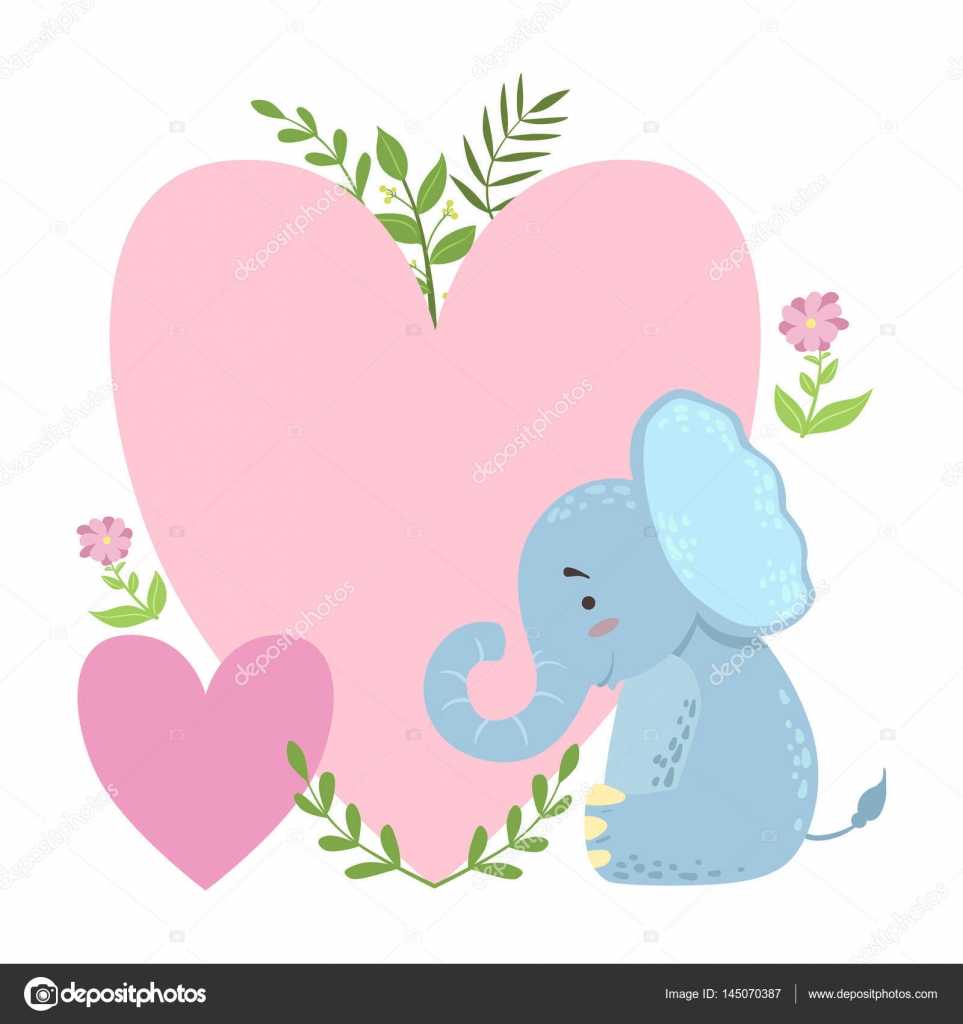Elephant With Two Big Hearts And Plants Vector Sticker In Blank Elephant Template