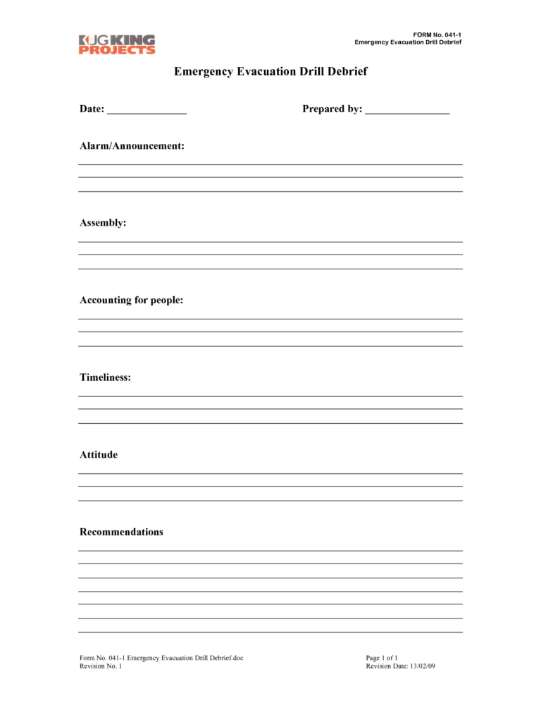 Emergency Evacuation Drill Form 295467 Project Debrief For Emergency ...