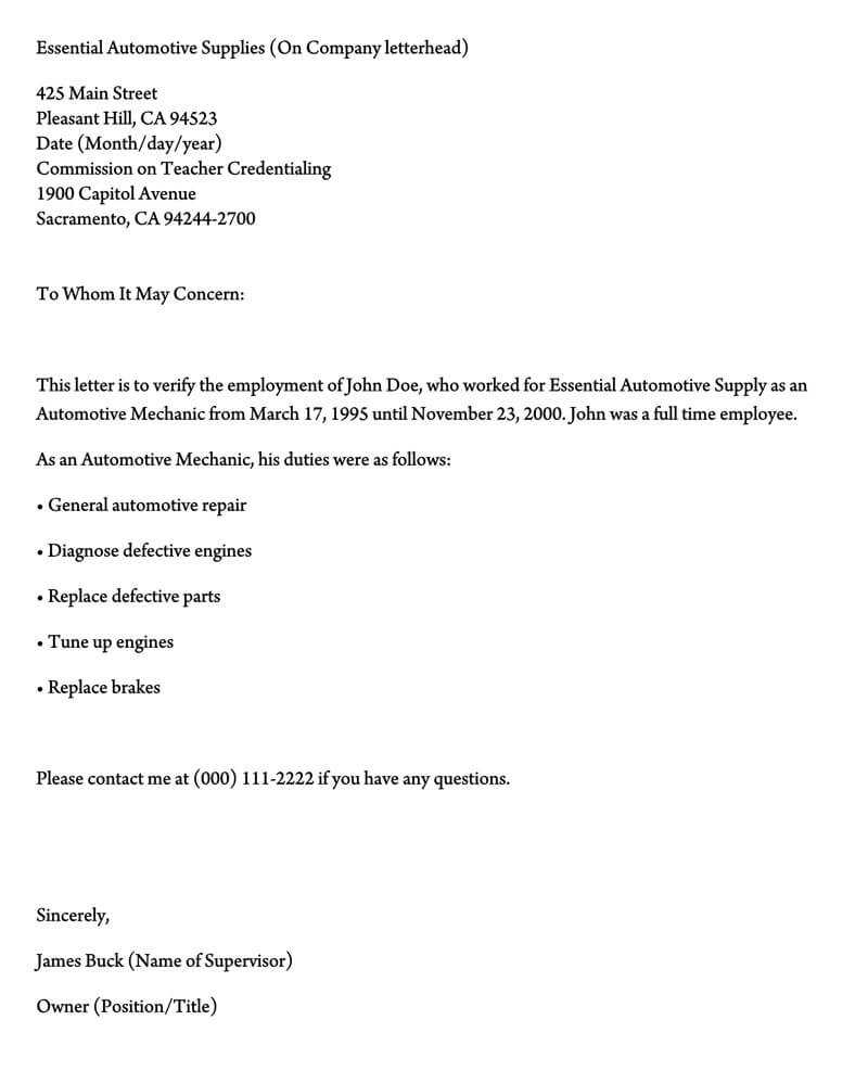 Employment Verification Letter Template Word