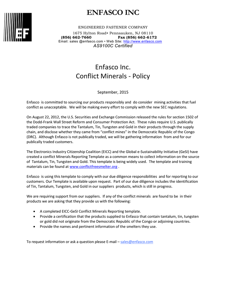 Enfasco Inc Enfasco Inc. Conflict Minerals – Policy Throughout Conflict Minerals Reporting Template