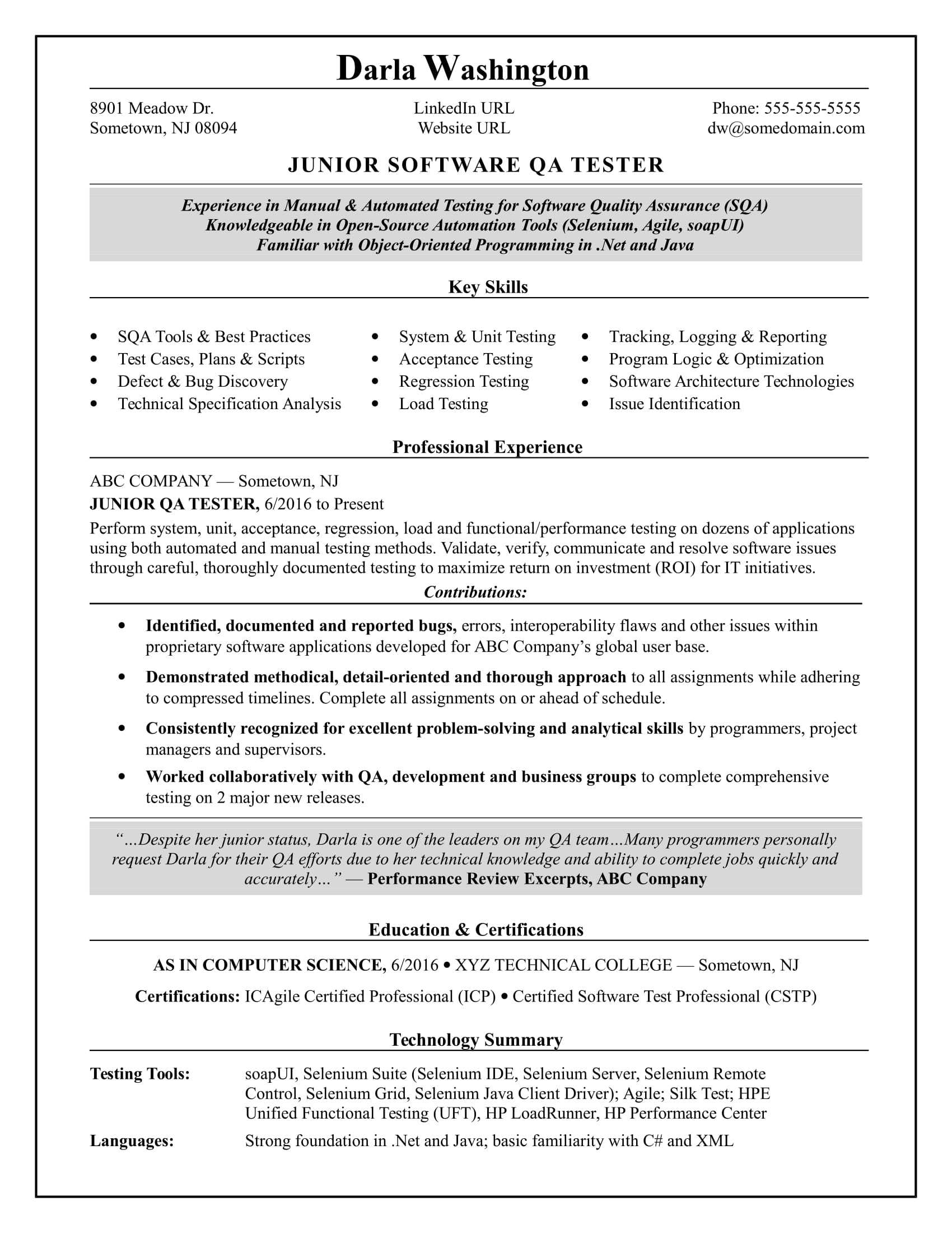 Entry Level Qa Software Tester Resume Sample | Monster In Software Quality Assurance Report Template