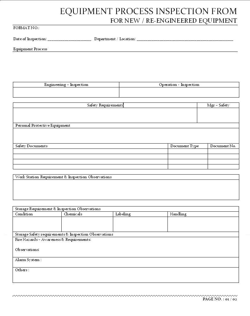 Equipment Process Inspection Form – With Engineering Inspection Report Template
