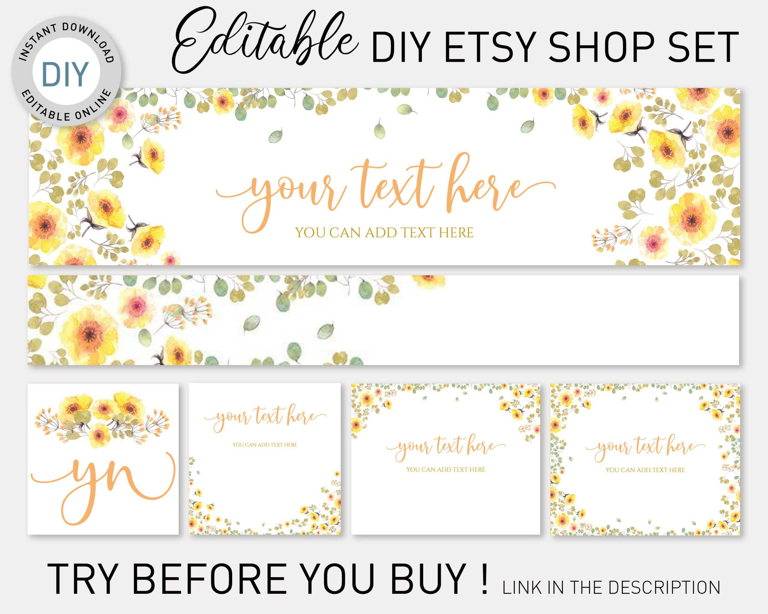 Etsy Banner Diy Template, Yellow Watercolor Flowers Etsy Branding Kit, Etsy  Shop Graphics,etsy Cover Image,templett Etsy Shop Mockup Intended For Etsy Banner Template