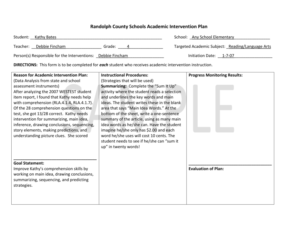 Example Of Academic Intervention Plan For Grades 3 5 With Intervention Report Template