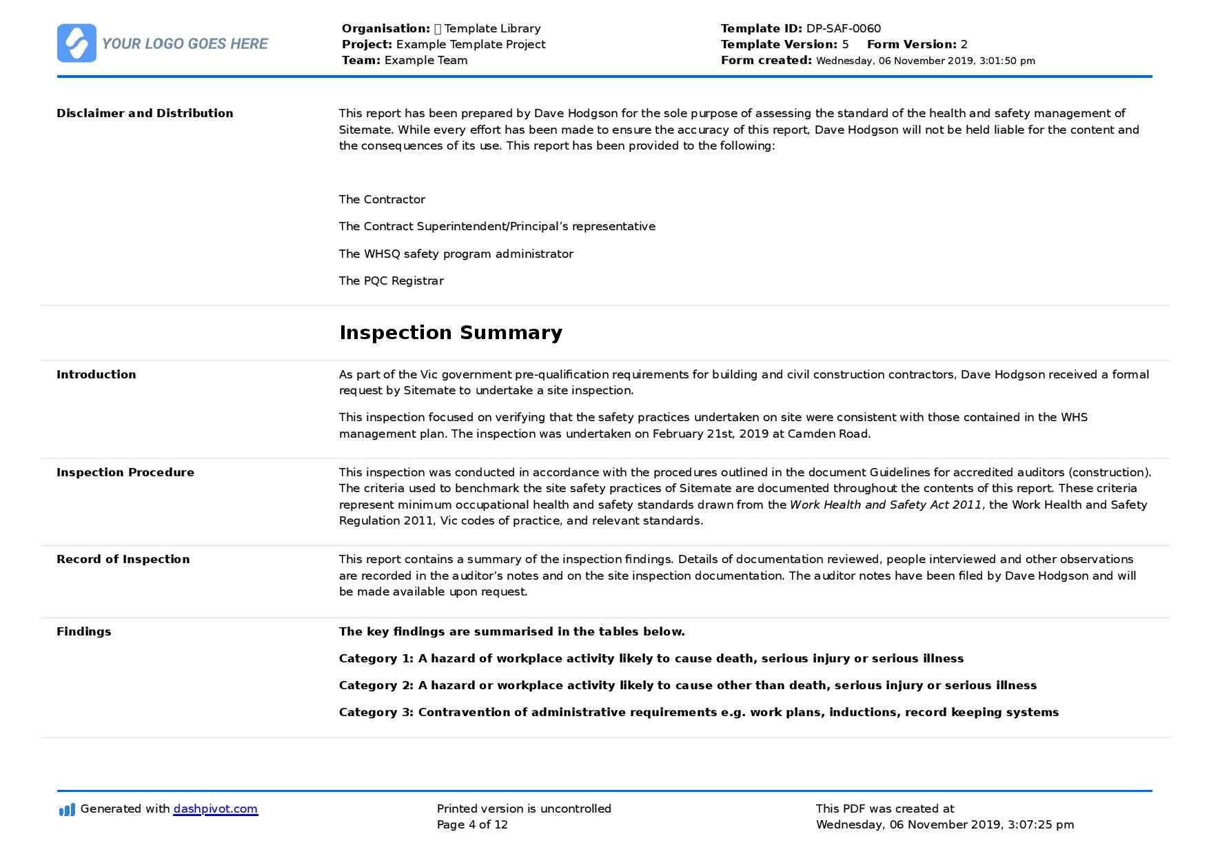 Field Inspection Report Template (Free To Use And Better For Pertaining To Report Requirements Template