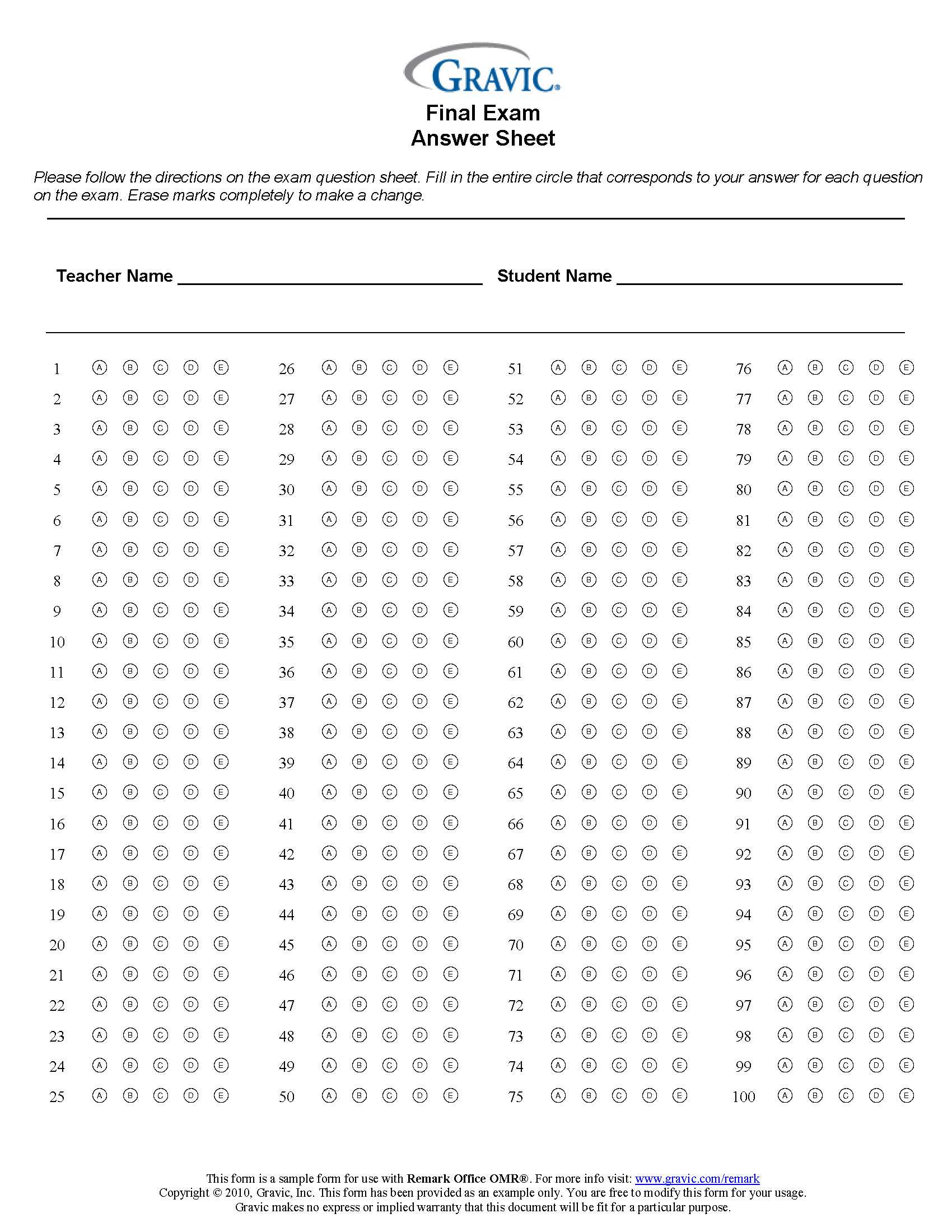 Final Exam 100 Question Test Answer Sheet · Remark Software Pertaining To Blank Answer Sheet Template 1 100