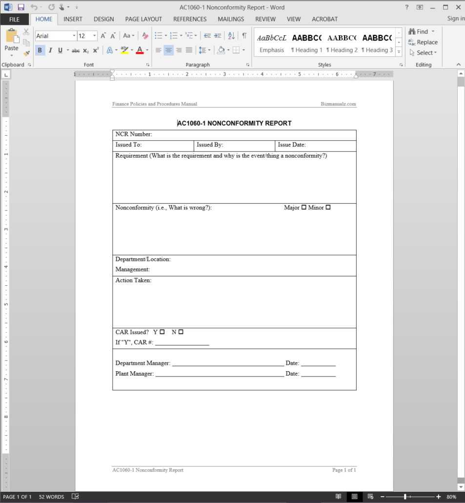 Financial Nonconformity Report Template | Ac1060 1 For Quality Non Conformance Report Template