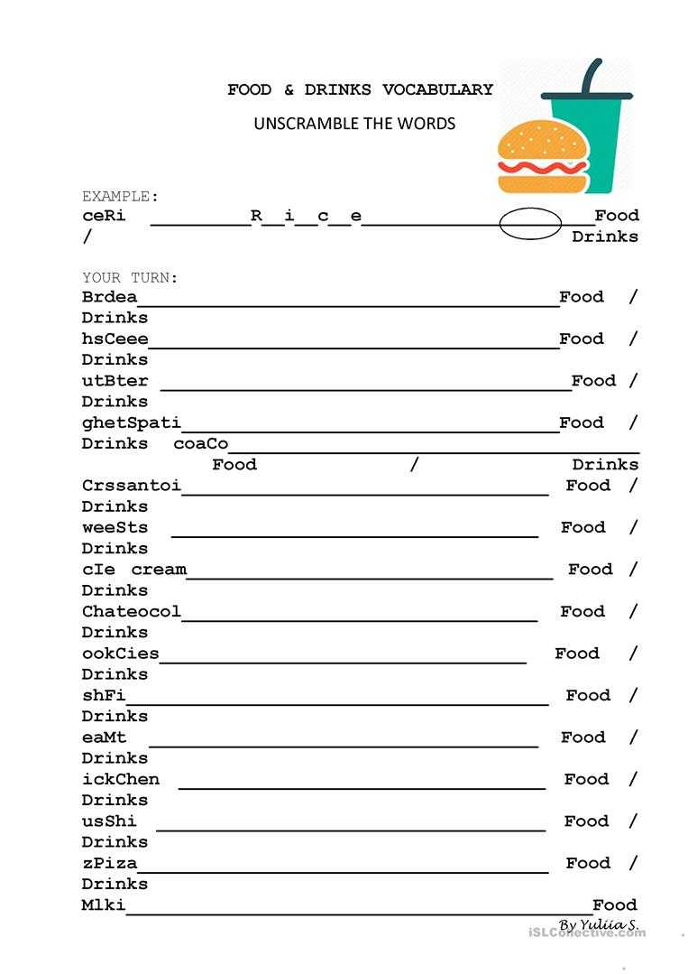 Food And Drinks Vocabulary Unscramble – English Esl Worksheets Inside Vocabulary Words Worksheet Template