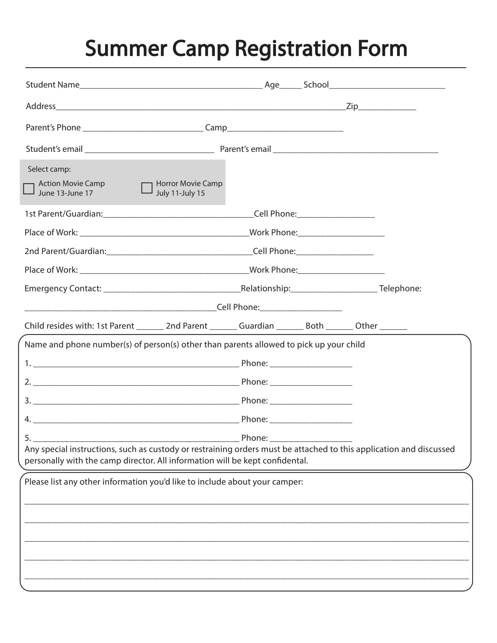 Free 10+ Printable Summer Camp Registration Forms In Pdf Throughout Camp Registration Form Template Word