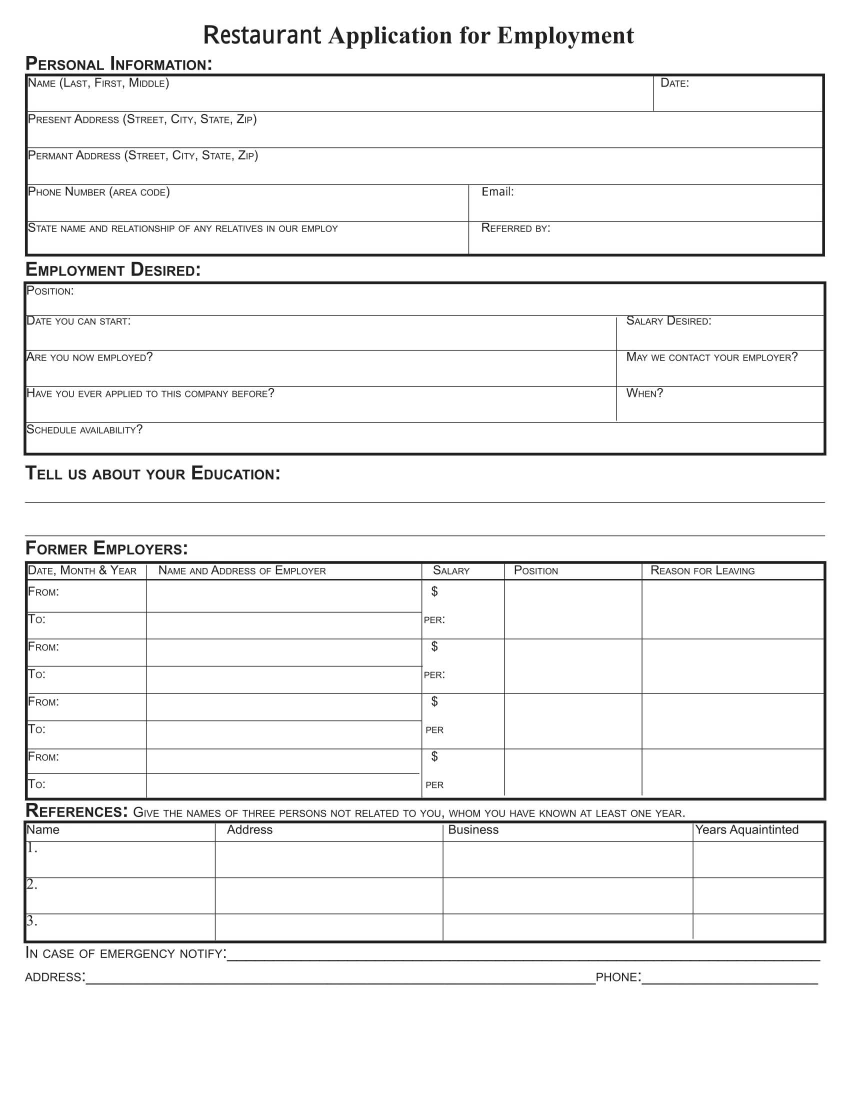 Free 8+ Restaurant Application Forms In Pdf | Ms Word With Regard To Job Application Template Word Document
